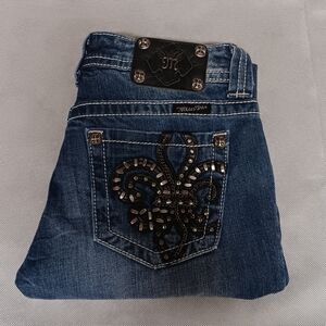 Miss Me Skinny Blue Jeans 28 Dark Wash Black Rhinestones Silver Studs